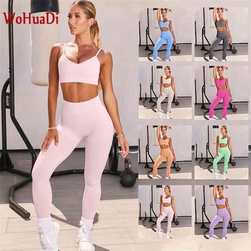 WOHUADI Women's Clothing Seamless Sport Bra Set Gym Workout Yoga Suit Fitness Top+High Waist Leggings Push Up Female Sportswear 210802