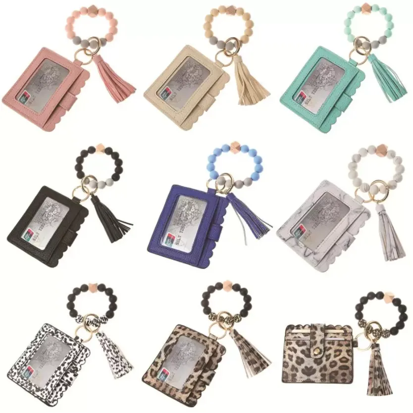 Stock PU Bracelet En Cuir Portefeuille Porte-clés Party Favor Glands Bracelet Porte-clés Porte-Carte Sac Silicone Perlé Bracelet Porte-clés Sac À Main xu