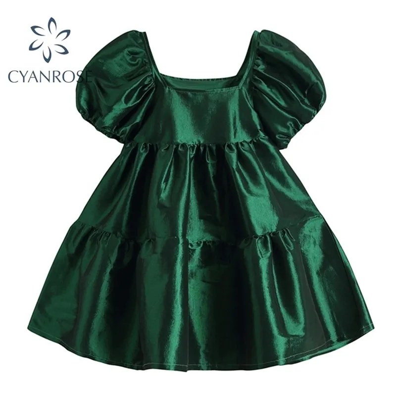 Vintage Green Satin Mini Sukienka Kobiety Krótki Rękaw Puff Damska Princess Party Fluffy Square Collar Elegancka Francuski Kobieta 210515