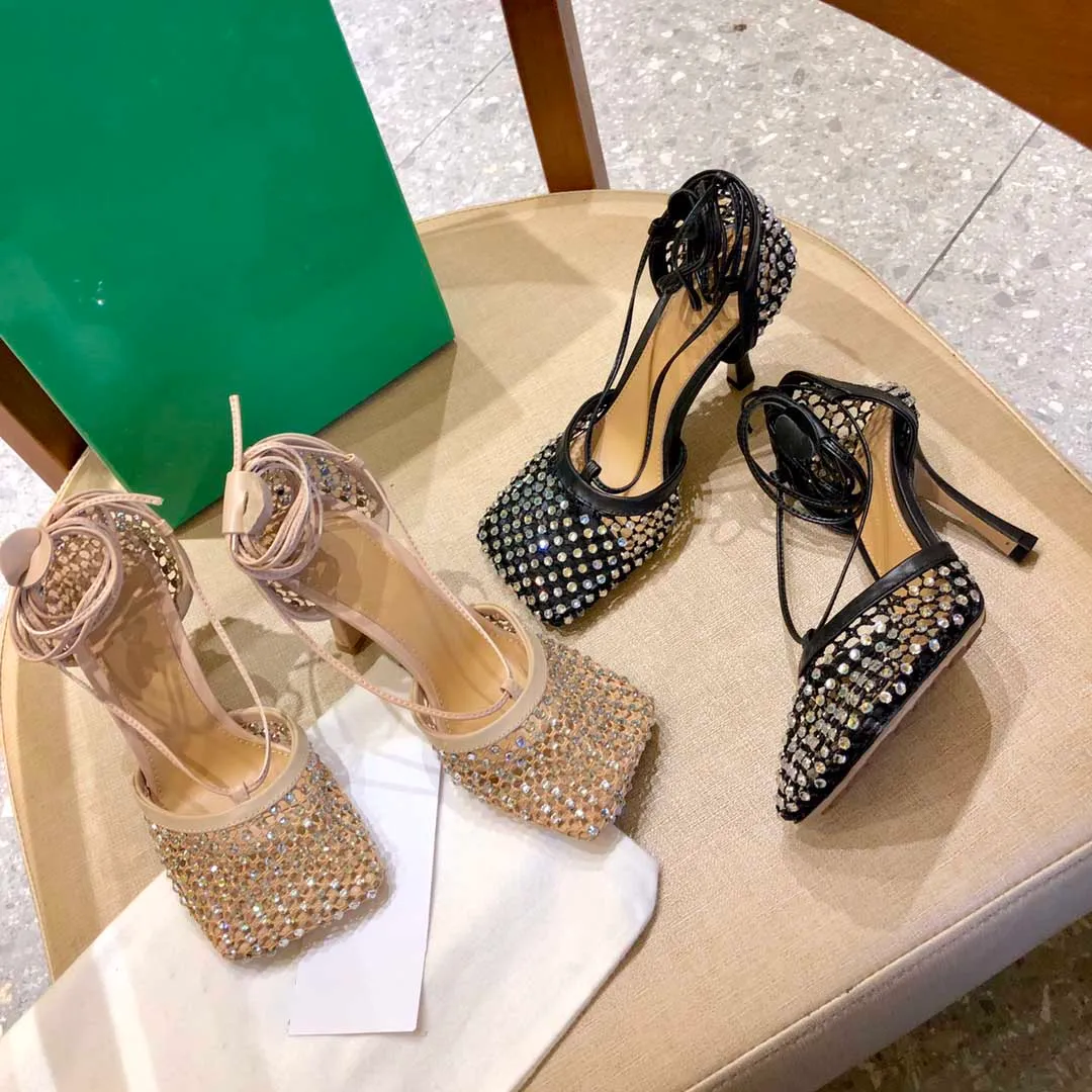 Moda Skórzane Rhinestone Mesh Sandały slajdy Kobiety szpilki SPARKLE STRETCH Sandały Kapcie Projektant Panie biuro wesele Suknia buty rozmiar pudełka 35-40