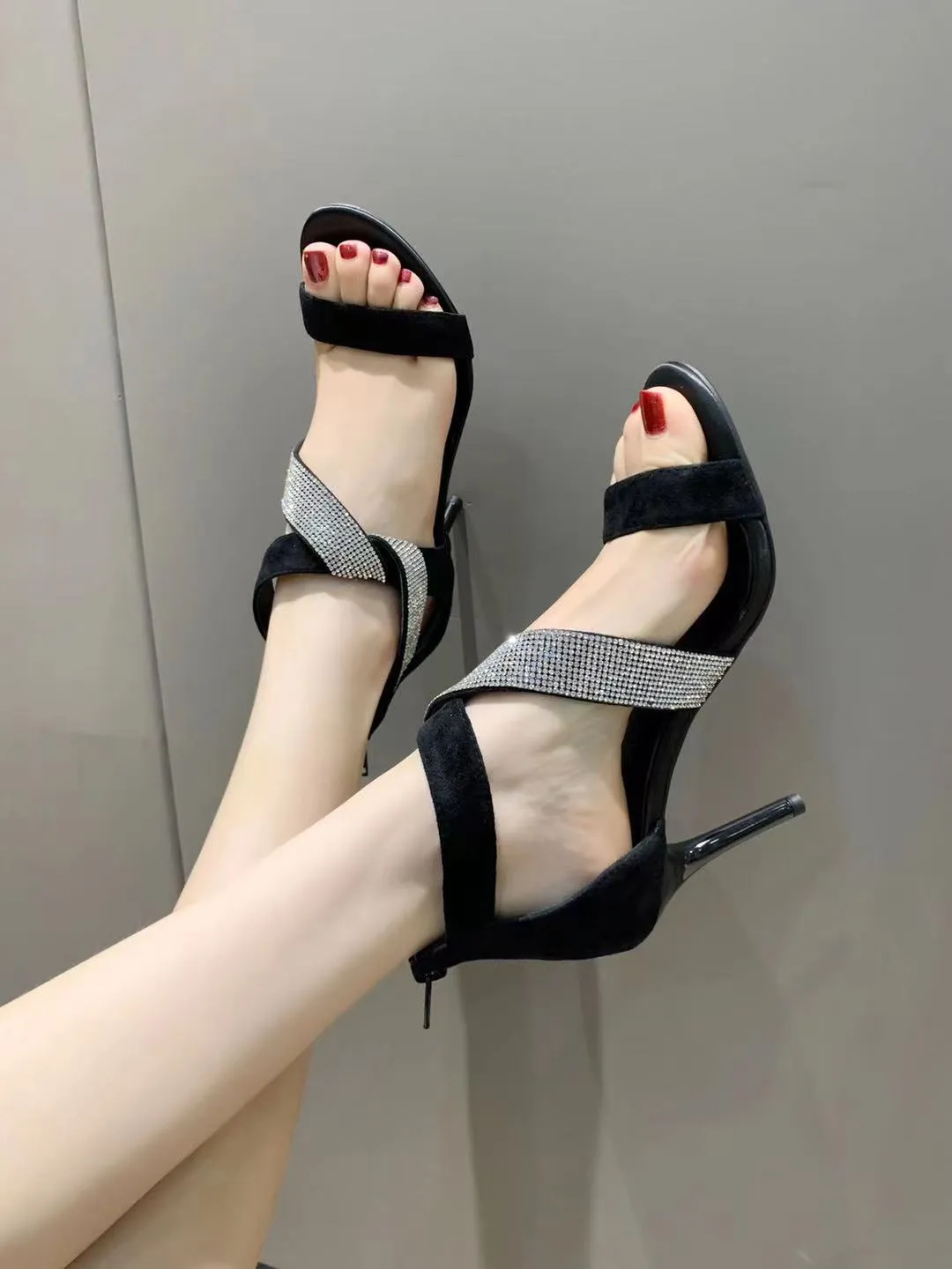 stylishbox ~ high quality! 21041703 black suede rhinestone sandals cross ankle bling shiny 8cm heels sexy party genuine leather