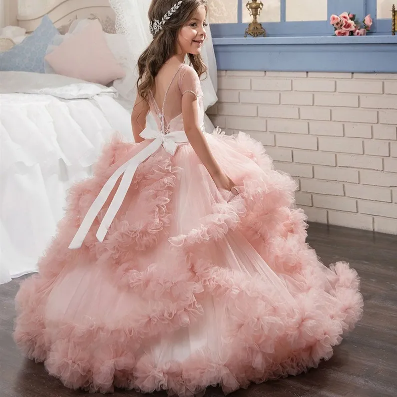 rosa blu Ragazze Abiti da spettacolo Strato Champagne Ruffles Cute Flower Girl Abiti Spaghetti Strap Toddler Prom Dress Pizzo Ball Gown Abiti da sposa