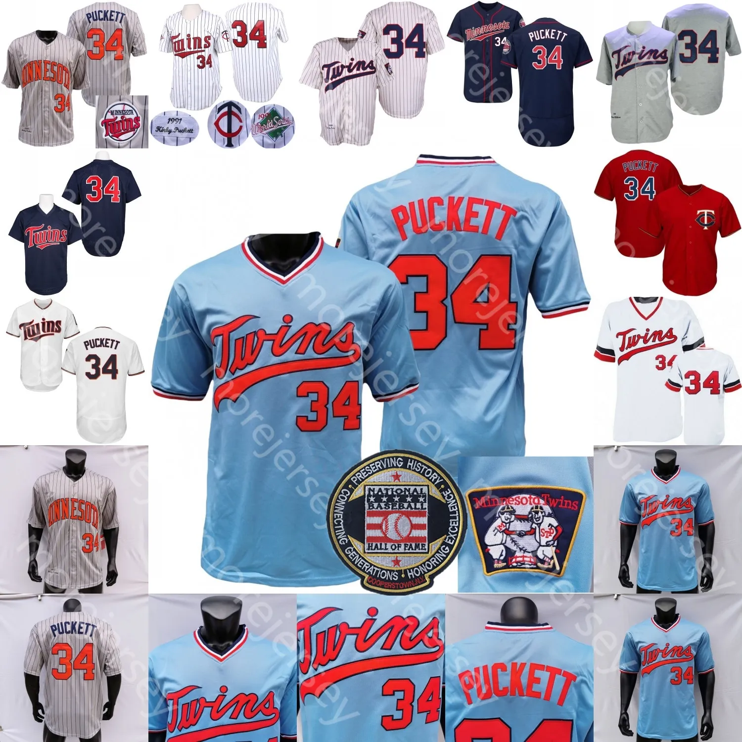 Kirby Puckett Jersey Hall Of Fame Patch 1969 Cream White Pinstripe Grey Coopers-town White Red Player Fans Blue Pullover Salute to Service Navy Mesh BP