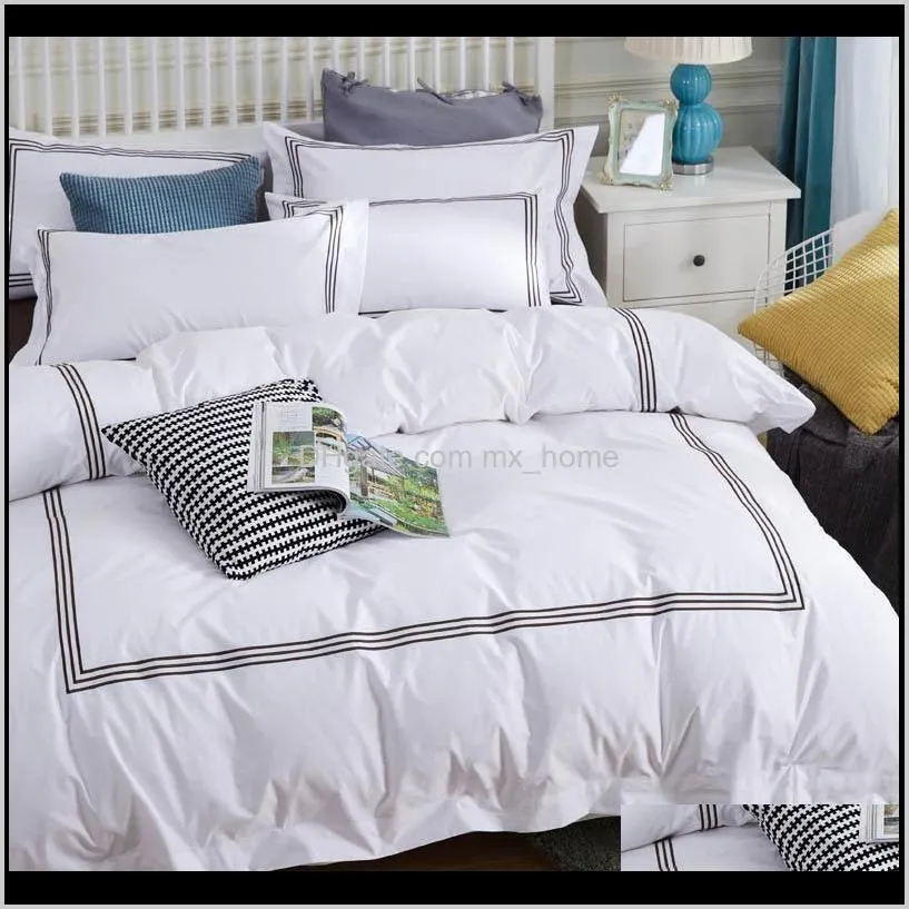 luxury 100% egypt cotton white embroidery 5 stars hotel bed set strip cover sheet cotton duvet long-staple bedding satin line