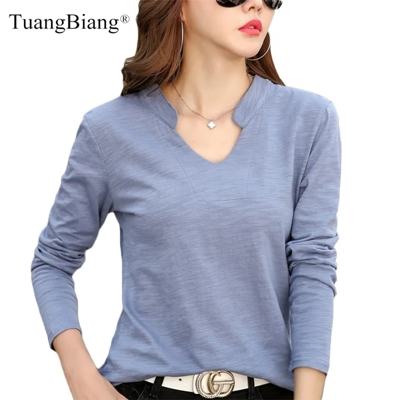 Lange Mouw Dames V-hals Bamboe Katoenen T-shirt Elegant Losse Manner Merk Tee Shirt Dames Herfst Winter Stand Kraag Tops 210819