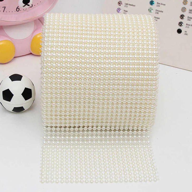 24 rzędy 4mm Pearl Mesh Wrap Ribbon Koralik Rolka Akrylowa Pearl Wykończenia Do Wesele Party Cake Waza Ślubna Dekoracje Prysznic DIY Craft Y0730