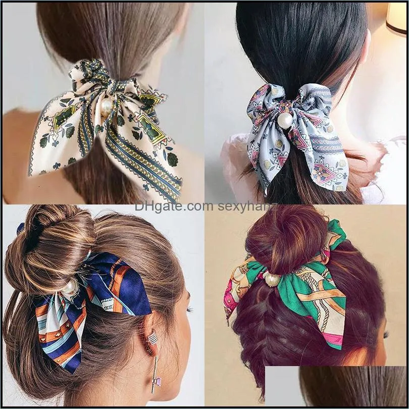 Pony Tails Chiffon Bowknot Elastic Bands Jewelry For Women Girls Pearls Scrunchies Headband Ties Ponytail Holder Hair Aessorie Drop Delivery