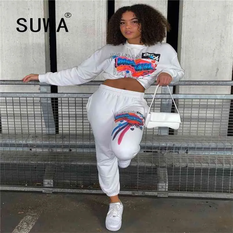 Winter Cartoon Print Cropped Hoodie And Pants Set For Women White