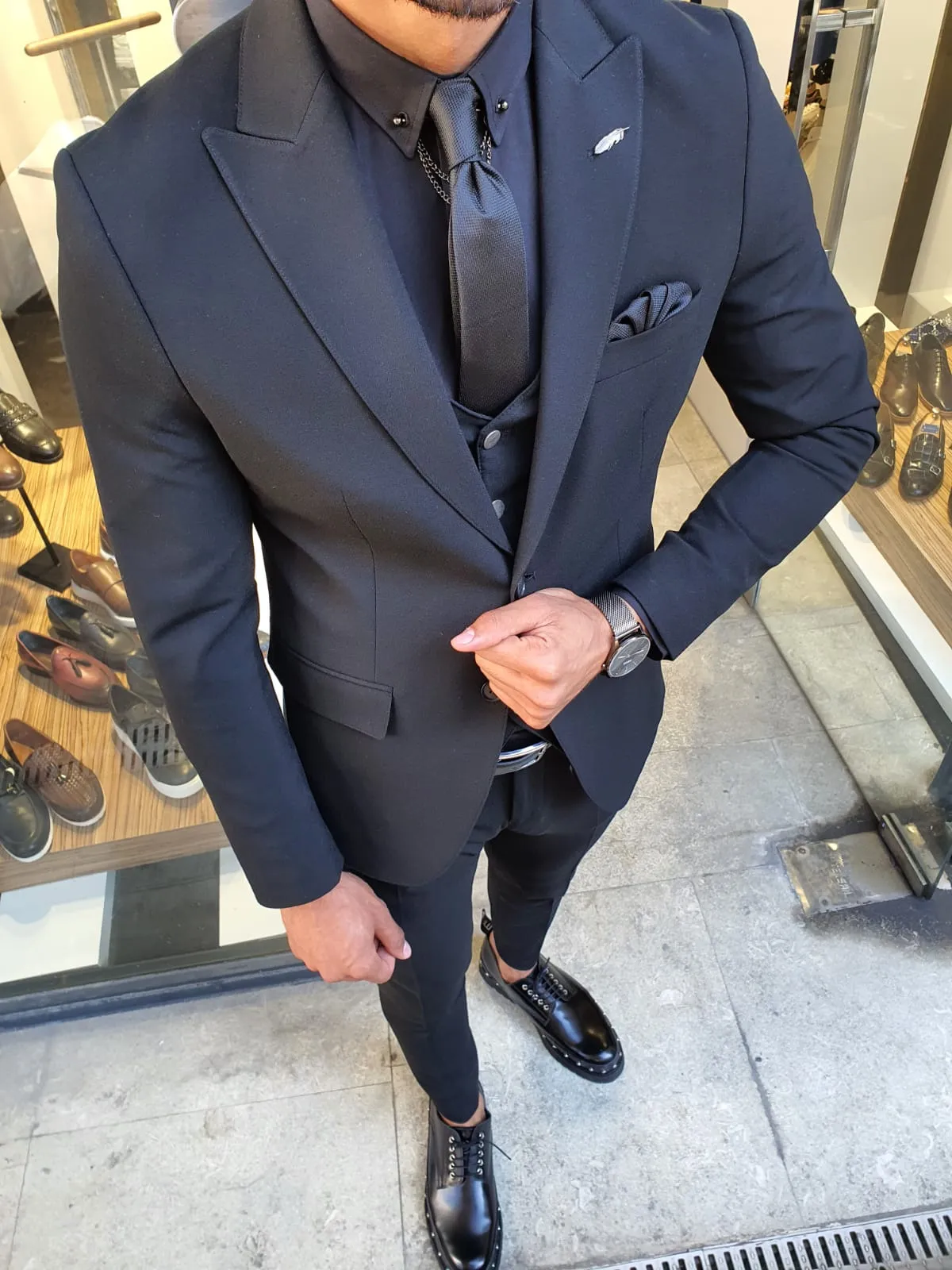 Custom Slim Fit Black Royal Blue Groom Tuxedo Set For Men 3