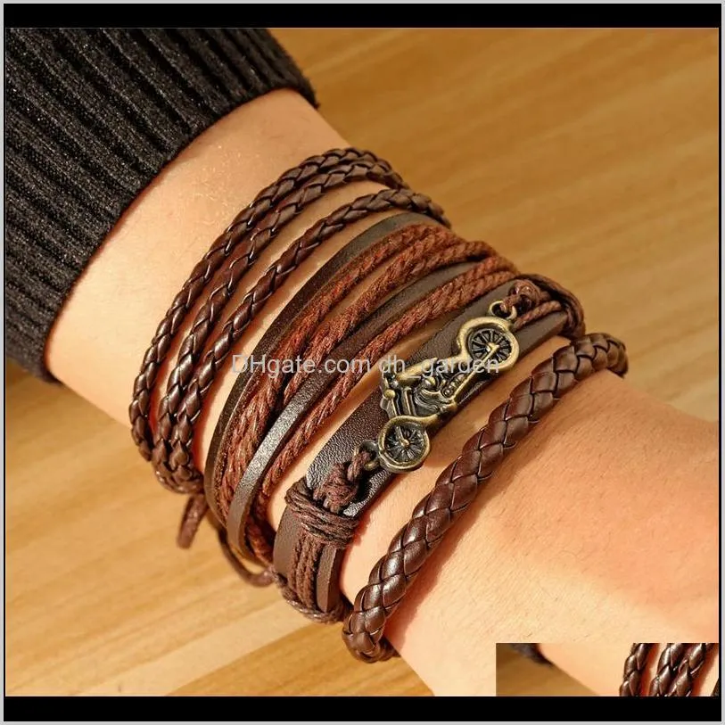Vintage Motorcycle Jewelry Multilayer Brown Leather Bracelet Men Fashion Handmade Braided Rope Bracelet Bangle Women Accessories1