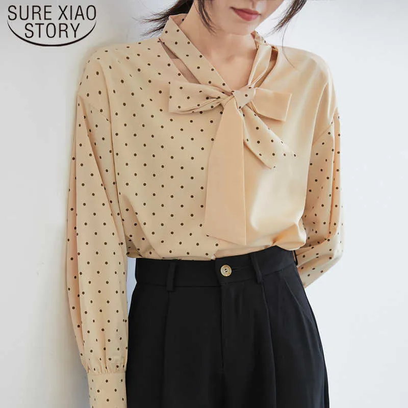Höst Elegant Kontrast Färg Stitching Shirt V-Neck Wave Point Print Långärmad Hong Kong Stil Kvinnor Bow Tie Blouses 6281 50 210527