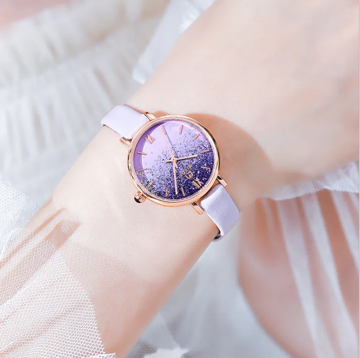 Rengör och botad 2021 Starry Sky Miboni Quartz Titta på kvinnlig Amethyst Purple Smart Students Watches Beautiful Womens Wristwatches254f