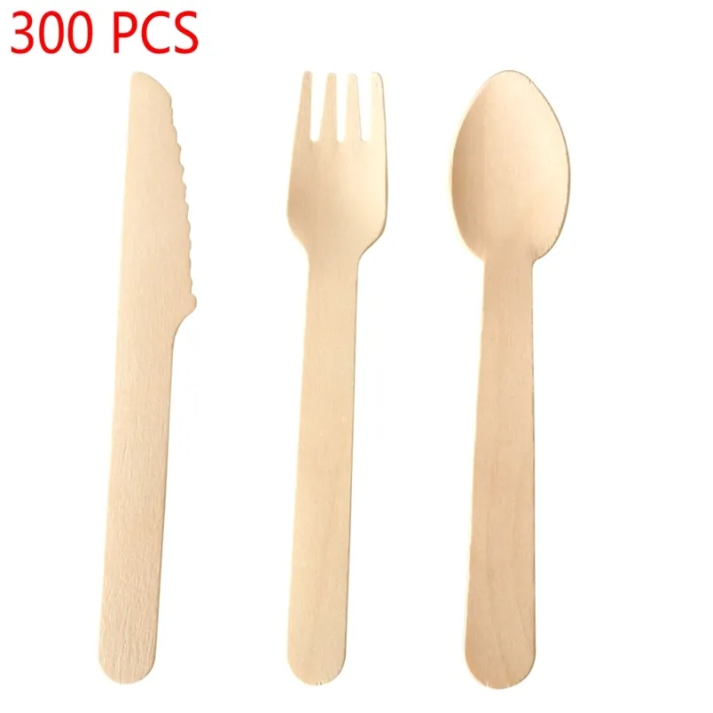 Disposable Wooden Cutlery 300 pack -Forks(100), Knives(100) and Spoons(100), Perfect Alternative For Plastic 211112