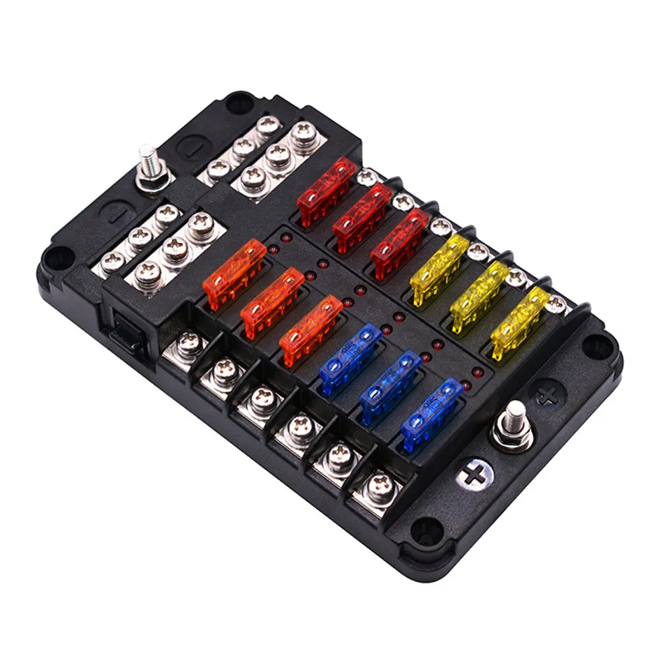 12V 32V Kunststoffabdeckung Sicherungskastenhalter M5 Bolzen mit LED-Anzeigelampe 6 12 Wege Klinge für Auto Auto Boot Marine Trike