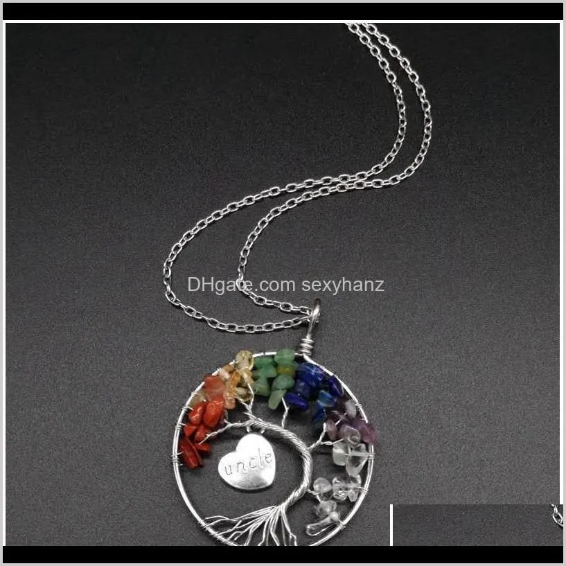 100% handmade wrapped natural stones crystal tree of life pendant necklace women men heart engraved letter family jewel qylozh