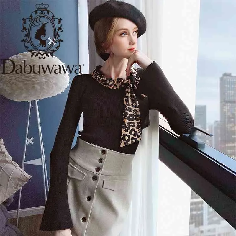 Dabuwawa Vintage Leopard Tie O-hals Pullover Trui Vrouwen Herfst Flare Mouw Solid Gebreide Trui Vrouwelijke Dames DT1DJS003 210520