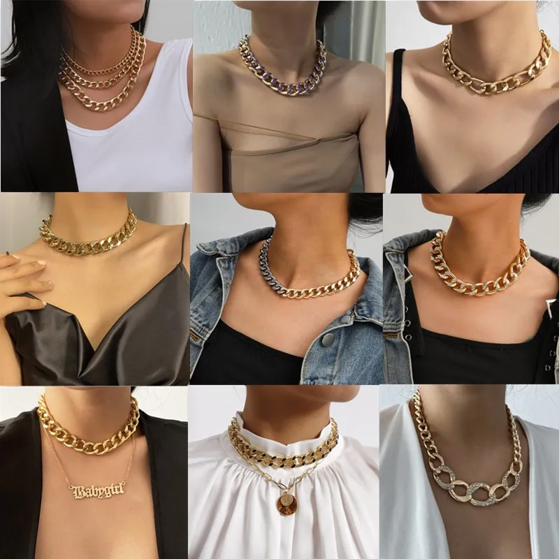 Punk miami cubain hip hop minimaliste grand bloc épais aluminium or épais chaîne brillant strass collier collier bijoux femme x0509