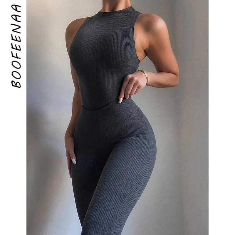 BOOFEENAA Two Piece Set Women Sexy Rib Knit Sleeveless Bodysuit and Leggings Matching Sets Sport Jumpsuit Pant Suits C87-DC29 Y0625