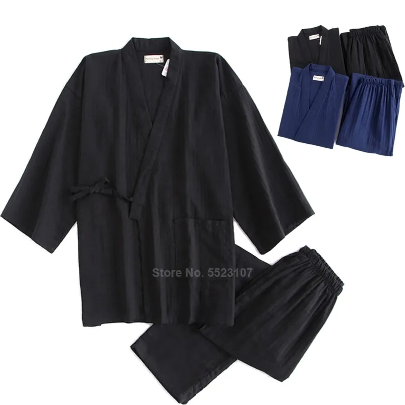 사무라이 남성용 기모노 잠옷 세트 일본 전통 탑 바지 퓨어 컬러 캐주얼 통기성 유카타 잠옷 210901