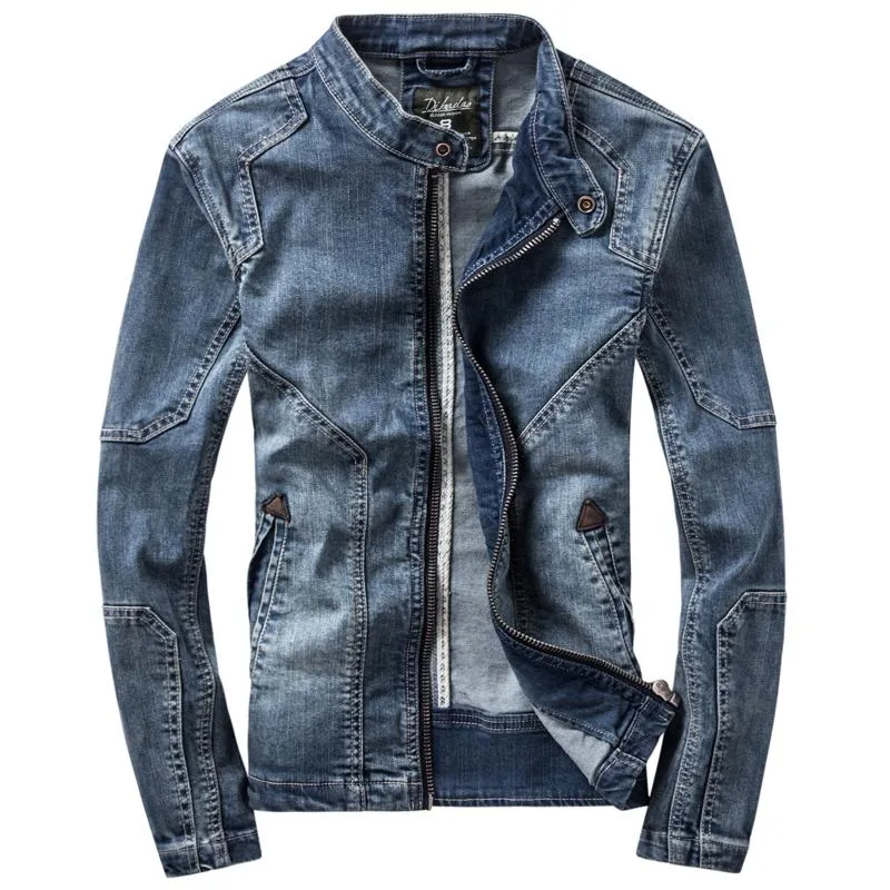 Denim Jassen Mannen Donkerblauw Casual Coat Standing Collar Lange Mouw Bomberjack Retro Motorcycle Coats Heren