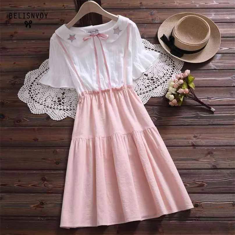 Japanese Embroidery Summer Dress Women Fake Two Pieces Short Sleeve Cotton Blue Pink Dresses Peter Pan Collar Bowknot Vestidos 210520