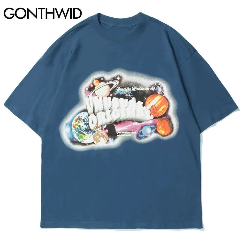 Gonthwid Tshirts Streetwear Universe Galaxy 행성 인쇄 짧은 소매 티셔츠 셔츠 남성 Harajuku 힙합 캐주얼 탑스 210629