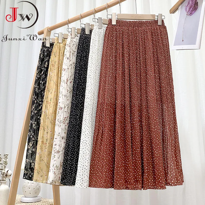 Korean Fashion Summer Long Skirts Women Polka Dot Floral Chiffon High