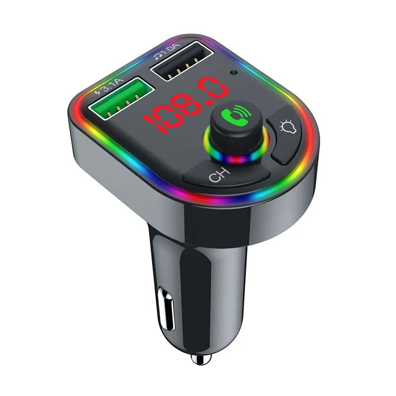 Carro MP3 player Bluetooth 5.0 FM Trasmitter Handsfree Modulator 7-Color Atmosfera Luz 4.1A Dual USB Carregador