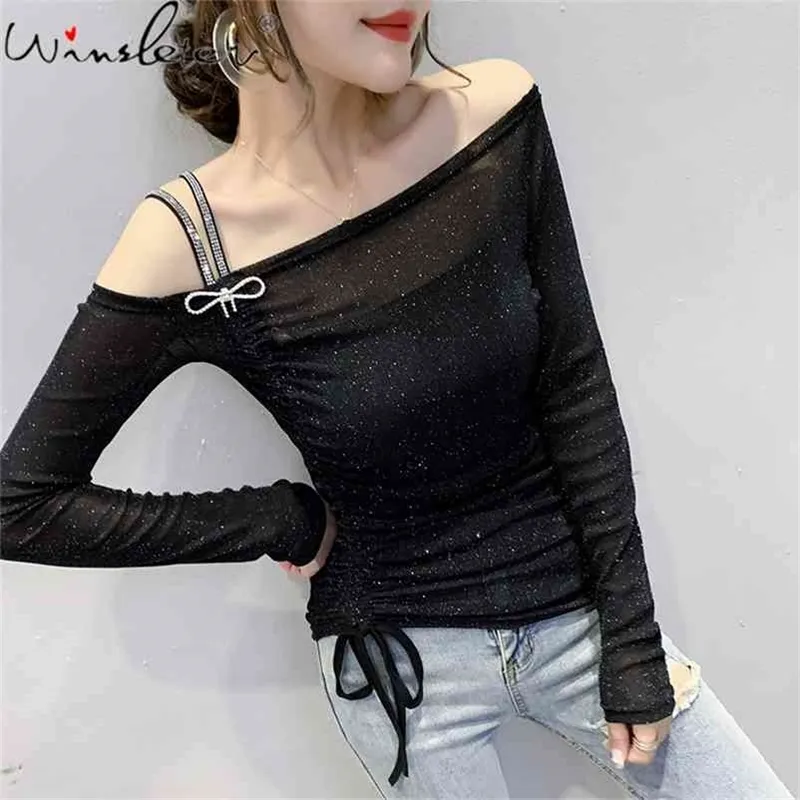 Frühling Herbst koreanischen Stil T-Shirt Mode glänzend Slash Neck Mesh Diamanten Frauen Tops Sexy Back Ropa Mujer dehnbare T-Shirts T09130L 210401