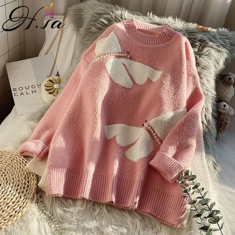 H.SA Kvinnor Casual Rosa Vintertröja Kvinna Pullover Oversize Koreanska Harajuku Kläder Lös Sticka Jumper Kawaii Knitwear 210417