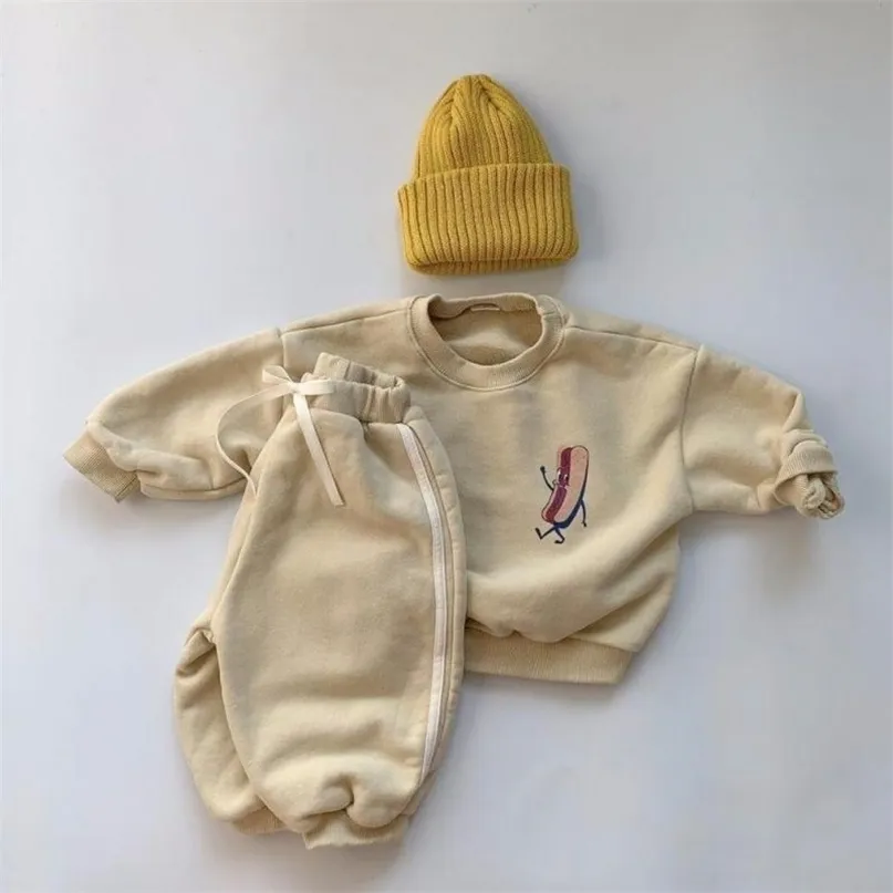 Outono inverno bebê meninos e meninas soltas casuais moletom calça 2 peças conjuntos de espessa velo roupa infantil terno 211104
