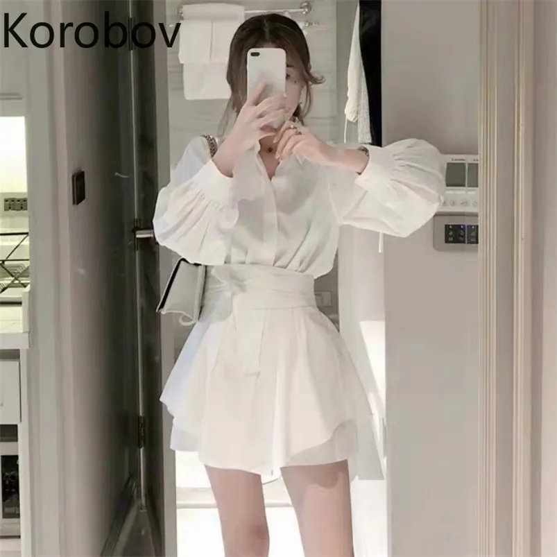 Korobov femmes coréen plage Style costumes à manches longues OL ceintures laçage nœud Blouses + court 2 pièces ensemble tenues 78358 210721