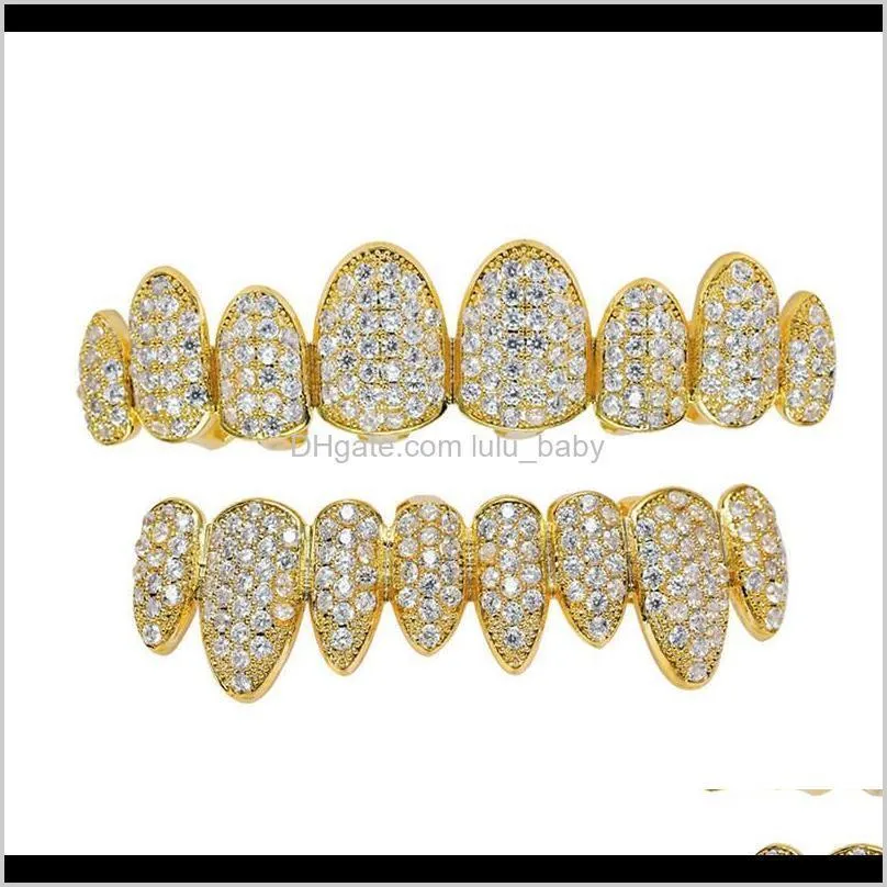 hip hop iced out teeth grillz pave cz stone top & bottom grills dental mouth punk teeth caps cosplay party rapper jewelry