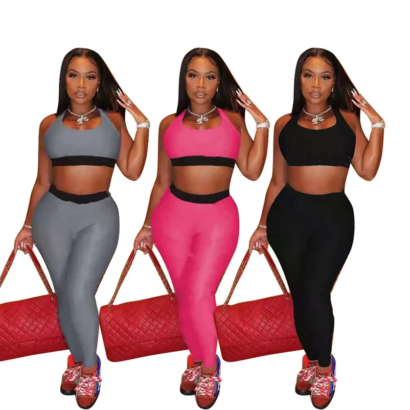 Novo verão feminino jogger ternos roupas plus size fatos de treino sem mangas regata colheita topleggings conjunto de duas peças casual preto roupas esportivas correndo 4847