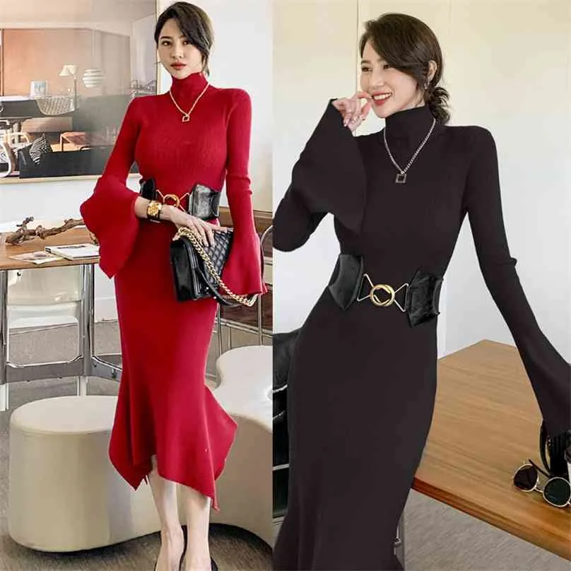 Zimowy Turtleneck Długie Dziewiarskie Koreańskie Panie Sexy Z Długim Rękawem Wrap Ciepłe Maxi Party Dress Dla Kobiet Chiny Odzież 210602