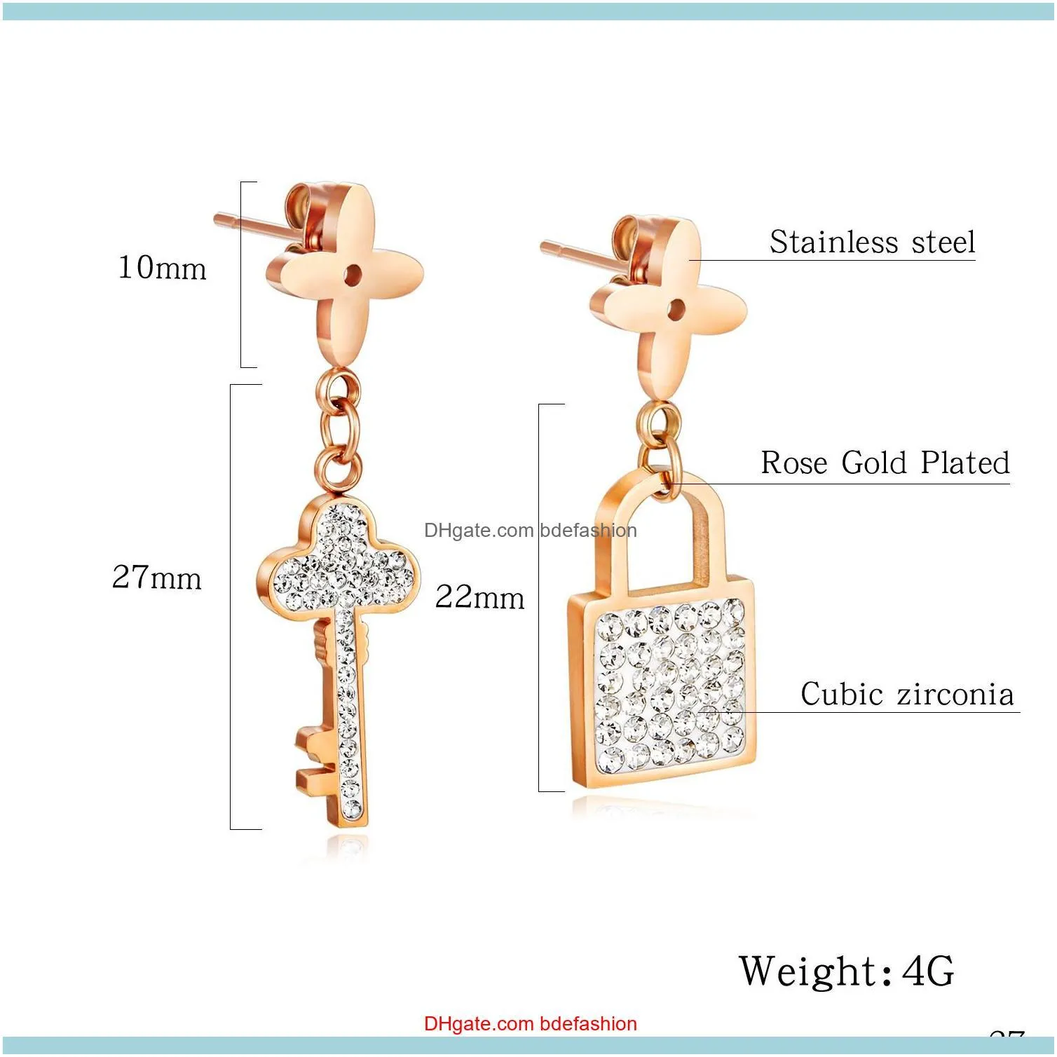 New ins fashion designer stainless steel key lock diamond zirconia dangle pendant stud earrings for women girls