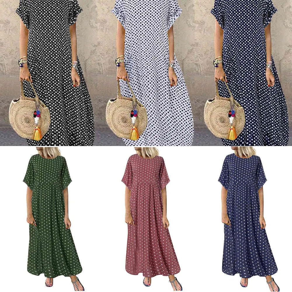 2021 Femmes Robe Vintage O-cou Longue Maxi Robe Femme Casual Dot Pinted Robe D'été Plage Boho Robes Robes Robe X0521