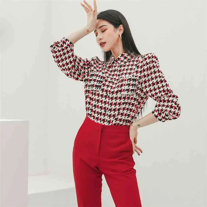 Fashion Women's Shirt Set Autumn Niche Houndstooth Print Korean Long Sleeve Professional Top Women 210520