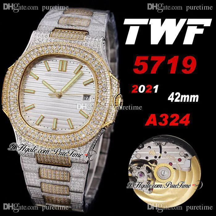 2021 TWF 5719 Cal A324 Automatyczne męskie Zegarek Dwa Tone Yellow Gold Betoned Diamonds Case Srebrny Dial Iced Out Diament Bransoletka Super Edition Biżuteria Zegarki PureTime D04
