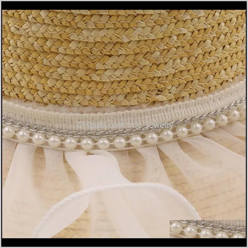 women natural wheat straw hat lace pearl ribbon tie 9cm brim boater beach sun cap lady summer wide hats