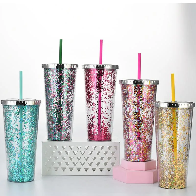 24oz Tumblers Glitter Water Cup Cold Drink Cup Straight Double-layer Plastic Straw Mugs Electroplated Lid