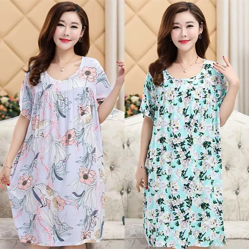 Home Dress Plus Size L-5XL Women 100%Cotton Nightgown Floral Sleep Short Sleeve Shirt Night Sexy Nightwear 210924