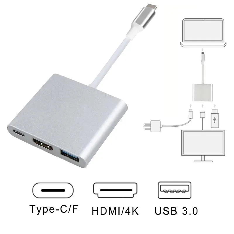 النوع C Hub USB C محطة الإرساء نوع C إلى HD USB3.0 USB-C محول شاحن للهاتف المحمول محول الكمبيوتر المحمول 3 في 1 جودة عالية