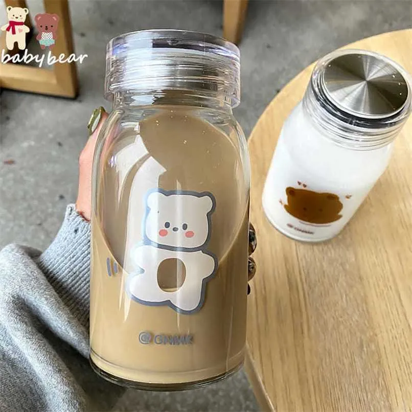 450ml Cartoon Bear Glass Water Bottle Thick Heat Resistance Drinking Bottles Cute Milk Coffee Tumblers for Student Girl Gift 211020