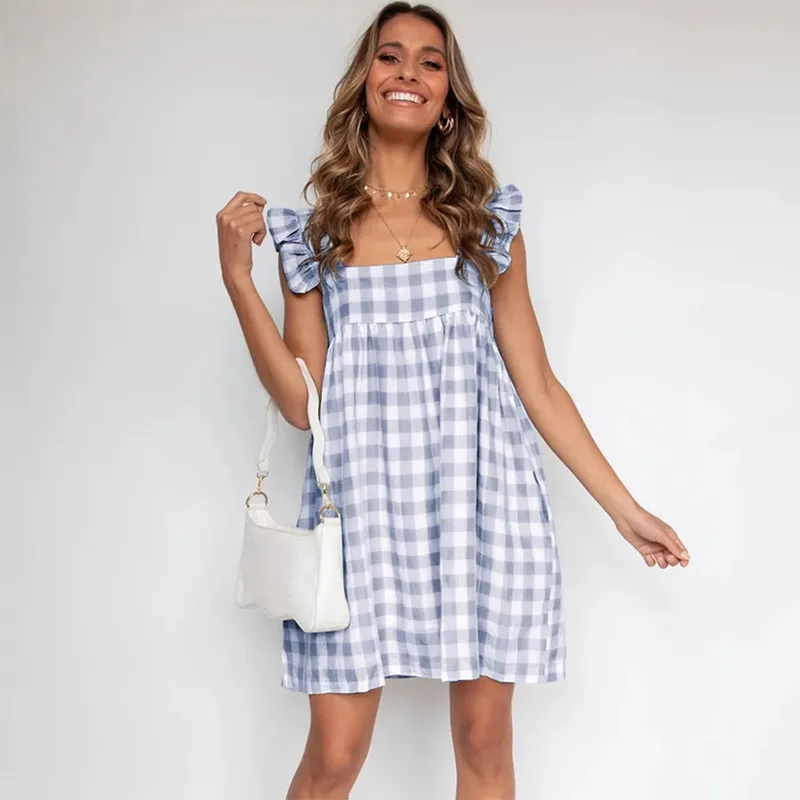 Kvinnor Sexiga Plaid Ruffles Ärmlös Klänningar Sommar Loose Square Neck Backless Kvinna Boho Beach A-Line Mini Dress Vestidos 210416