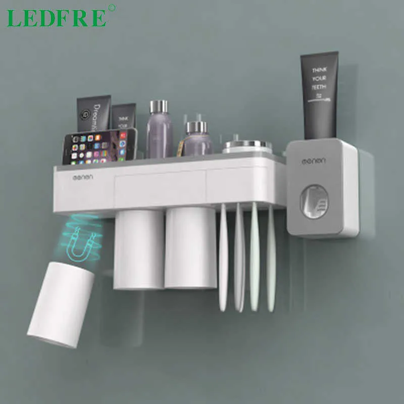 LEDFRE diş fırçası tutucu duvar montaj otomatik diş macunu dağıtıcı depolama raf banyo aksesuarları seti sıkacık LF71010 210709