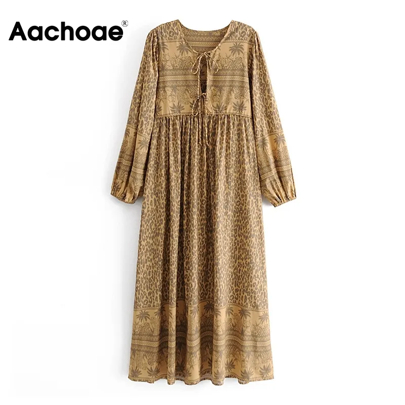 Kobiety Loose O Neck Drukowane Suknie Krążne Krawat Hollow Out Bohemian Maxi Casual Długim Rękawem Sukienka Vestidos 210413