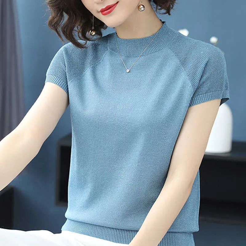 Summer Women Hollow out Short Sleeve Pullover 2021 Half Turtleneck Female Thin knit T-Shirts Elastic White Solid Color Navy Tops X0721