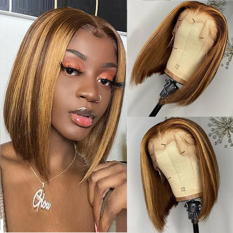 Markera Brun Färg Kort Bob Lace Front Human Hair Wig För Kvinnor Ombre Blond Färgade Straight Paryk Cosplay / Daily