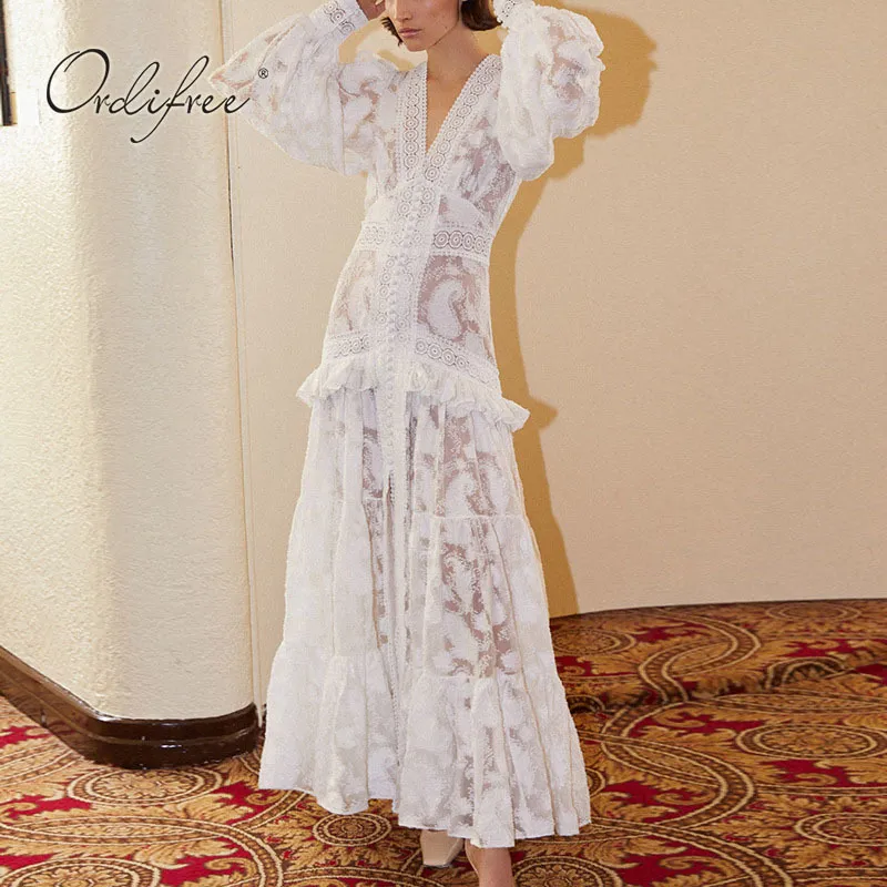 Été luxe femmes Maxi fête manches broderie Vintage dentelle blanche longue tunique robe de plage 210415